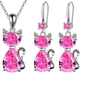 Pink Gemstone Cat Necklace And Earrings Set